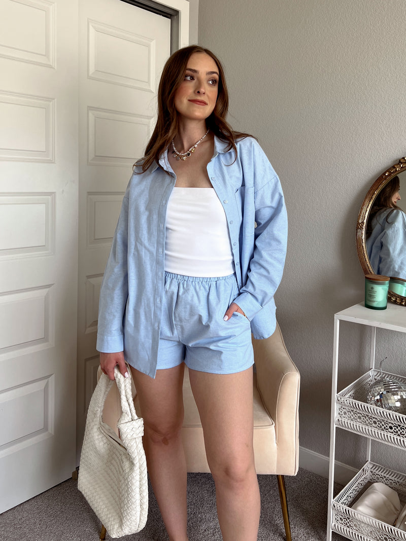 Hamptons Oversized Button Down Top (Light Blue)