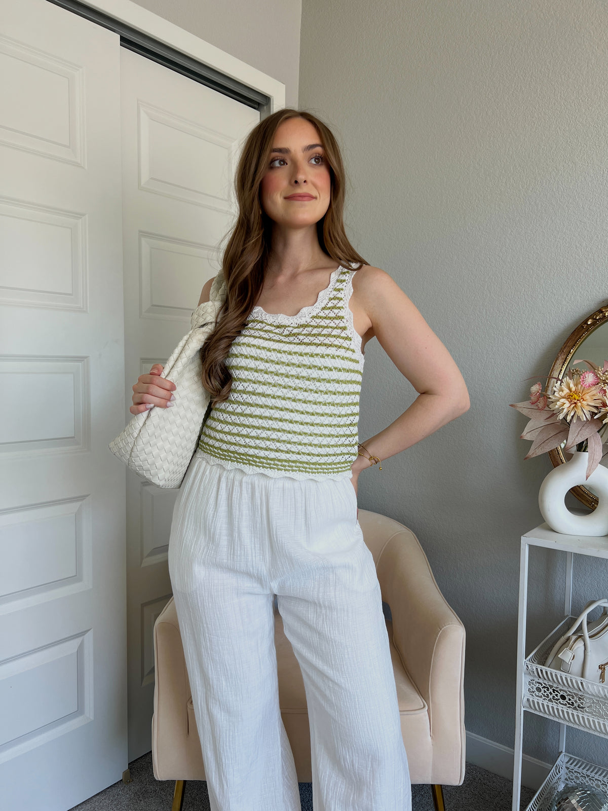 Laguna Striped Pointelle Knit Tank (Cream/Green)