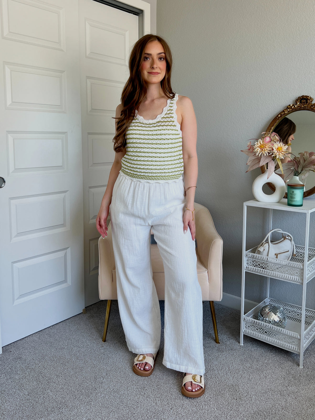 Laguna Striped Pointelle Knit Tank (Cream/Green)