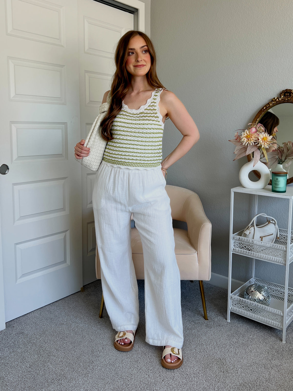 Laguna Striped Pointelle Knit Tank (Cream/Green)