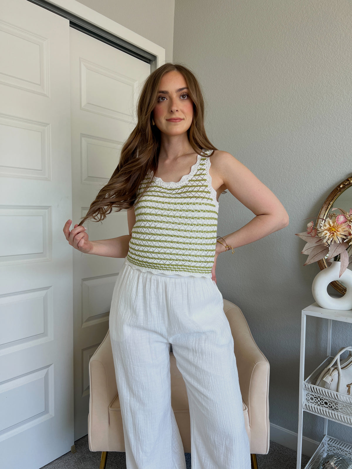 Laguna Striped Pointelle Knit Tank (Cream/Green)