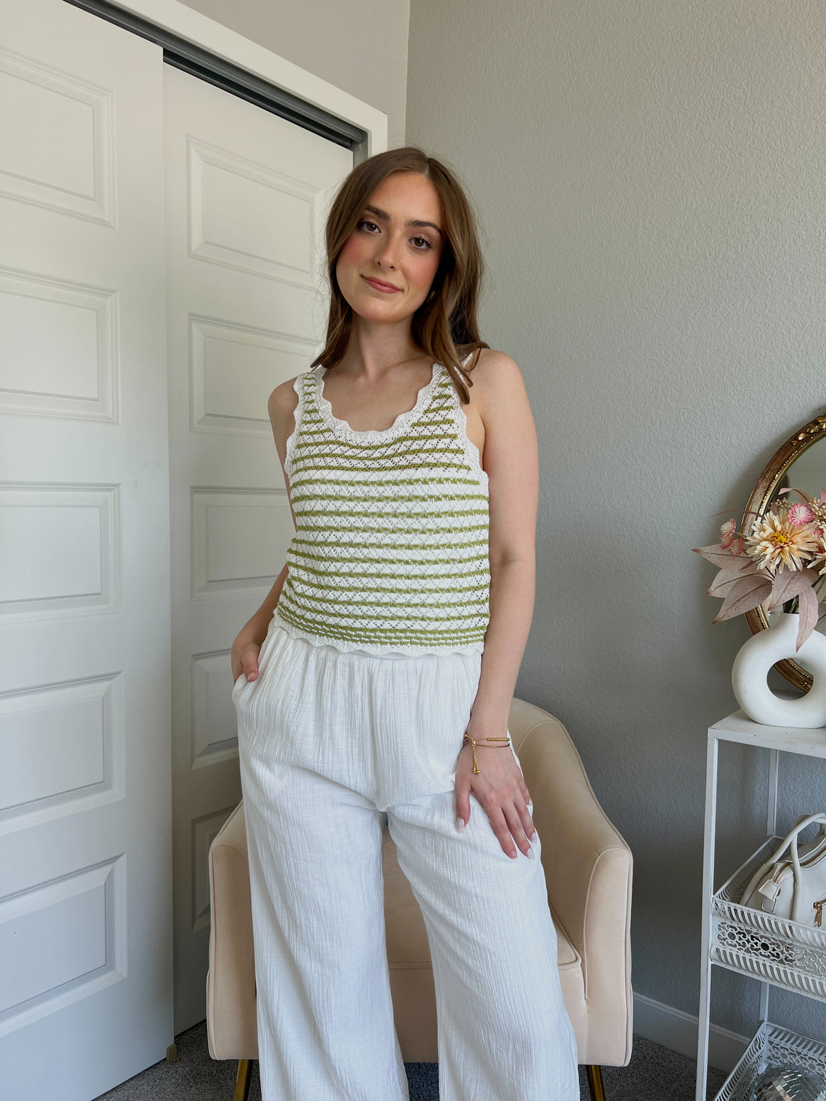 Laguna Striped Pointelle Knit Tank (Cream/Green)