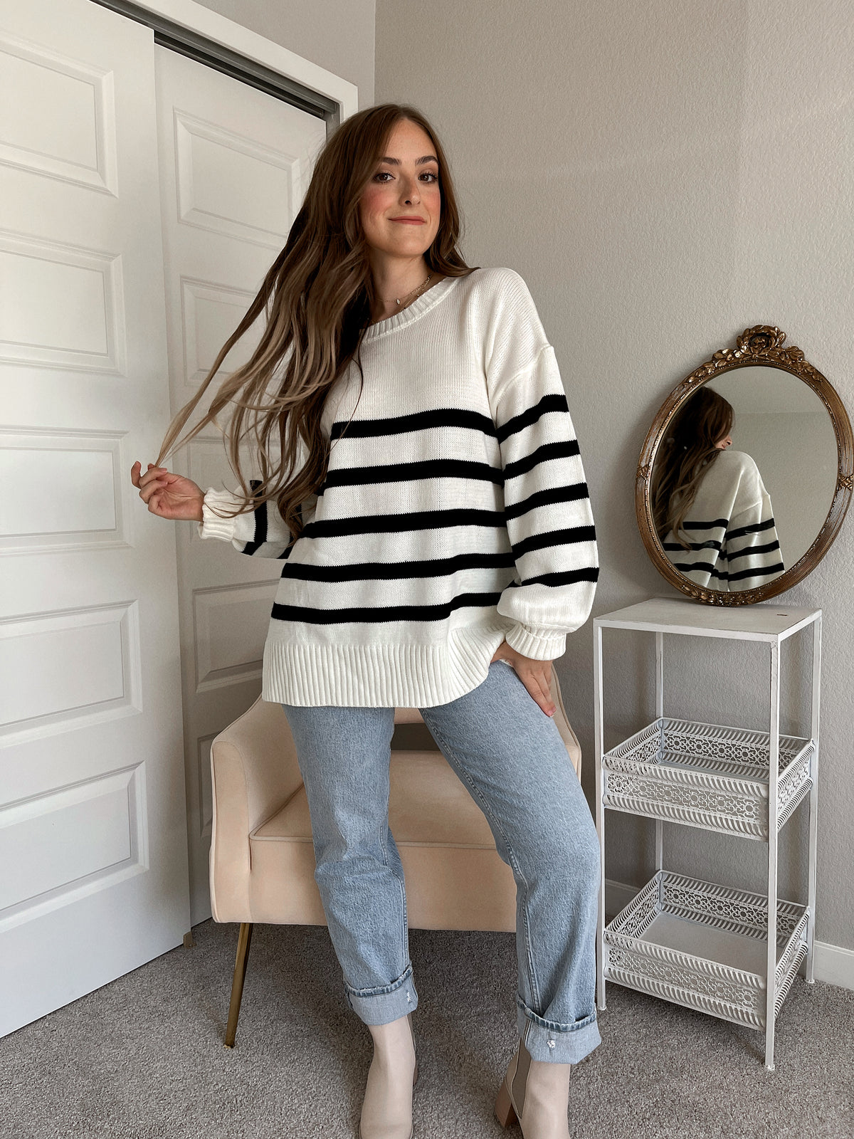 black and white striped sweater outfit