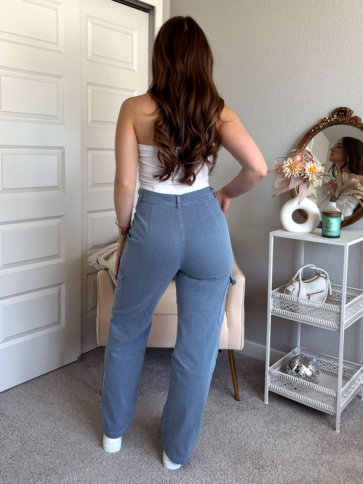 Luna High Waisted Wide Leg Cargo Pants (Gray Blue)