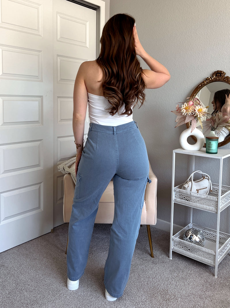 Luna High Waisted Wide Leg Cargo Pants (Gray Blue)