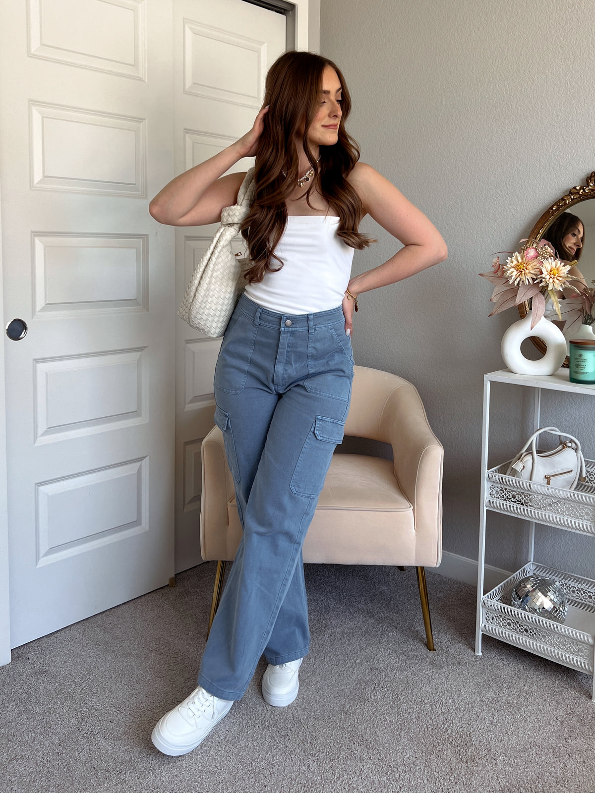 Luna High Waisted Wide Leg Cargo Pants (Gray Blue)