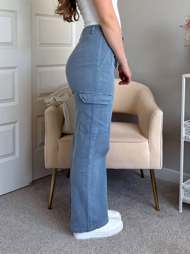 Luna High Waisted Wide Leg Cargo Pants (Gray Blue)