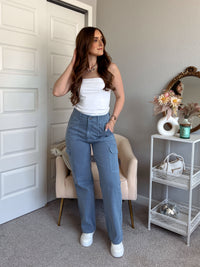 Luna High Waisted Wide Leg Cargo Pants (Gray Blue)