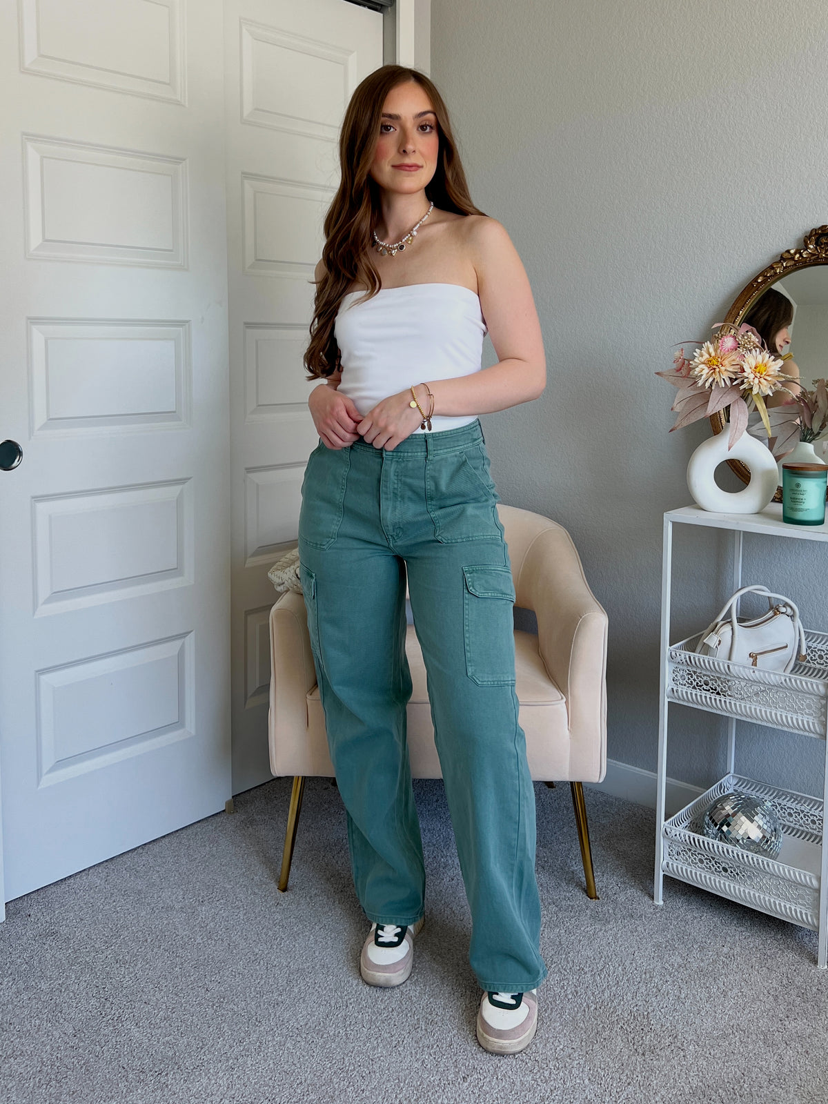 Luna High Waisted Wide Leg Cargo Pants (Gray Green)