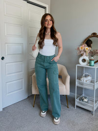 Luna High Waisted Wide Leg Cargo Pants (Gray Green)