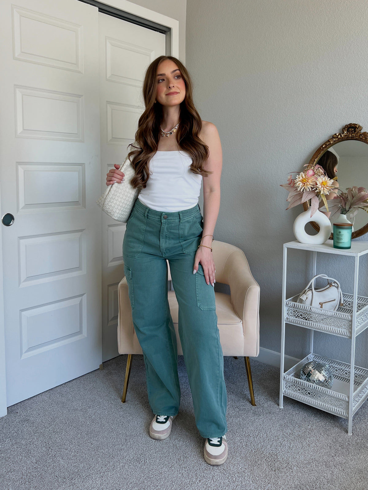 Luna High Waisted Wide Leg Cargo Pants (Gray Green)