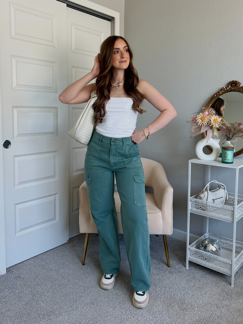 Luna High Waisted Wide Leg Cargo Pants (Gray Green)