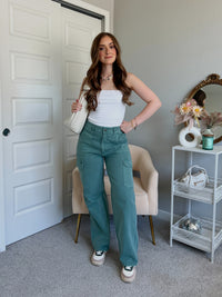 Luna High Waisted Wide Leg Cargo Pants (Gray Green)