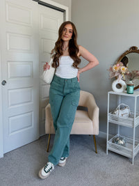 Luna High Waisted Wide Leg Cargo Pants (Gray Green)