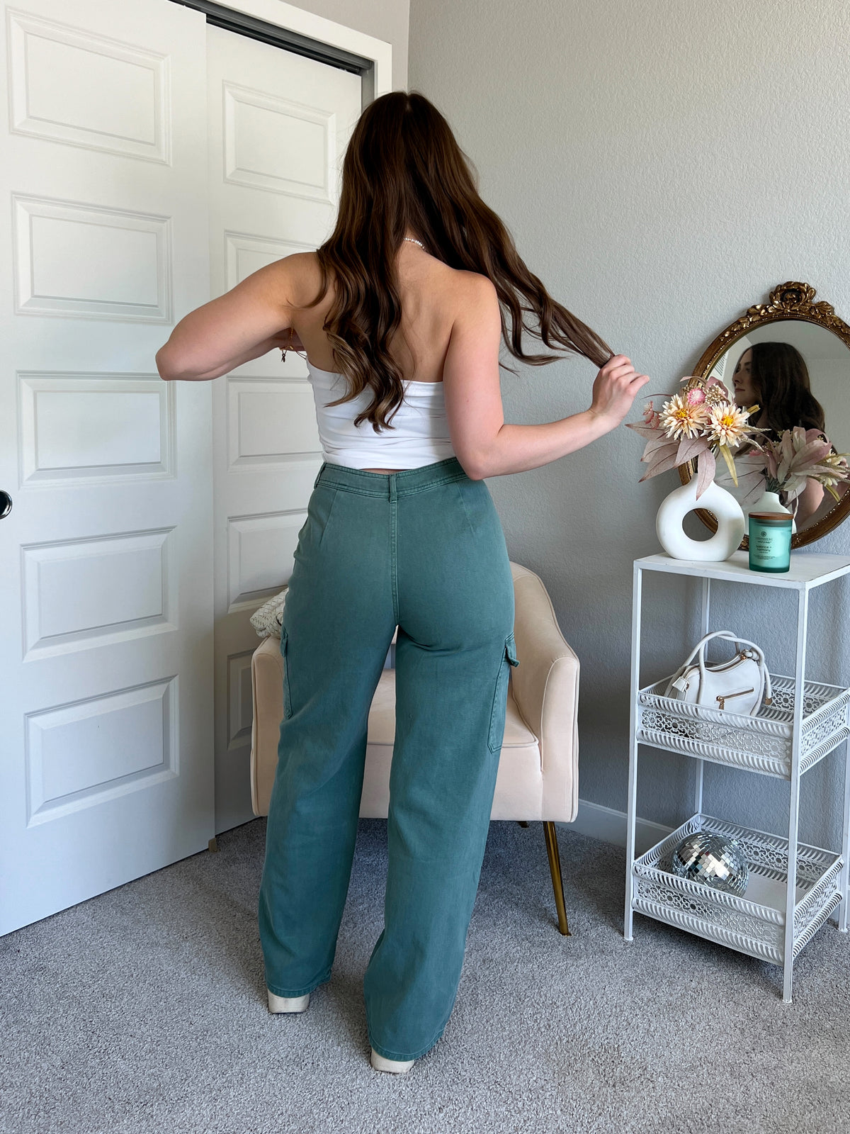 Luna High Waisted Wide Leg Cargo Pants (Gray Green)