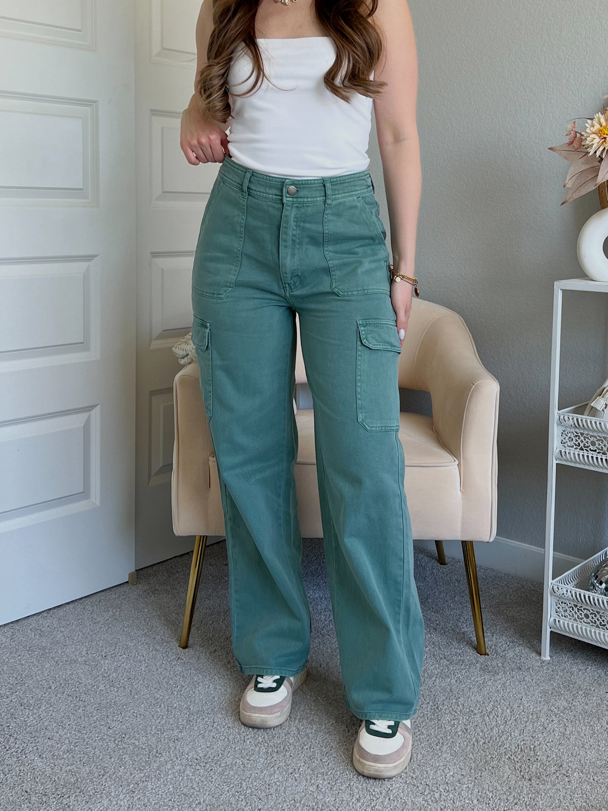 Luna High Waisted Wide Leg Cargo Pants (Gray Green)