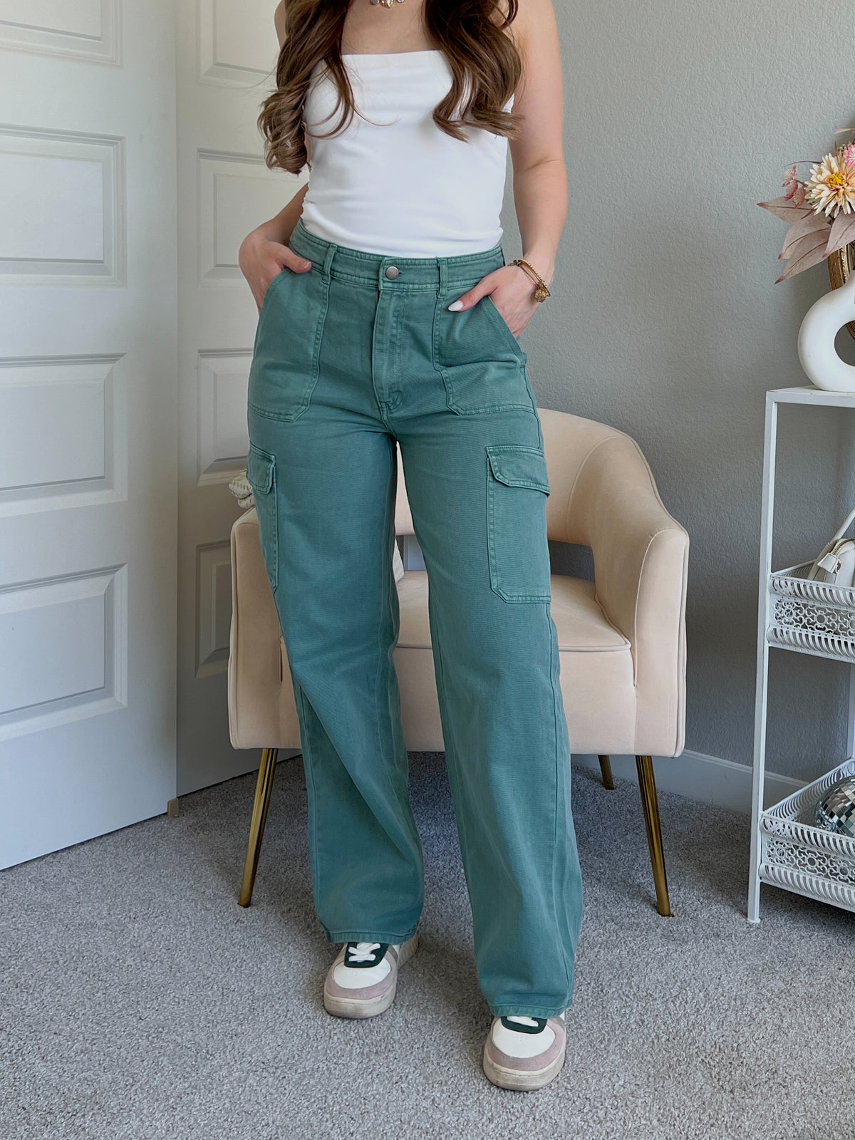 Luna High Waisted Wide Leg Cargo Pants (Gray Green)