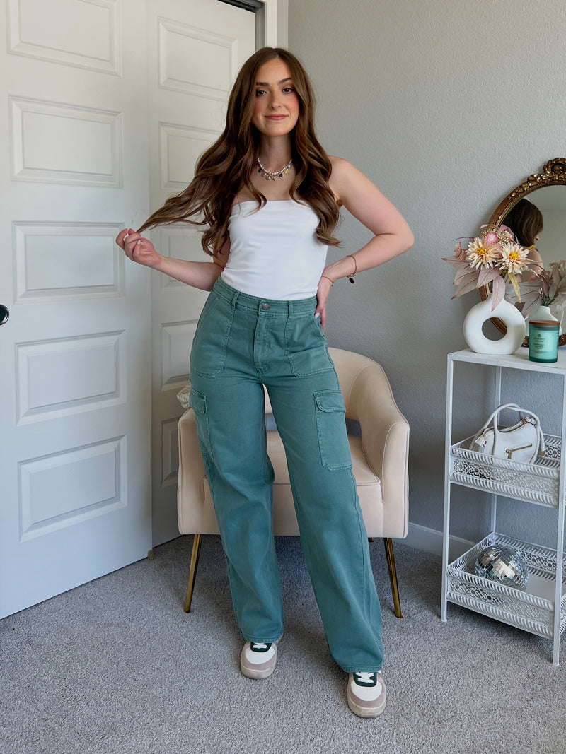 Luna High Waisted Wide Leg Cargo Pants (Gray Green)