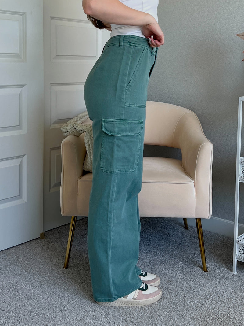 Luna High Waisted Wide Leg Cargo Pants (Gray Green)