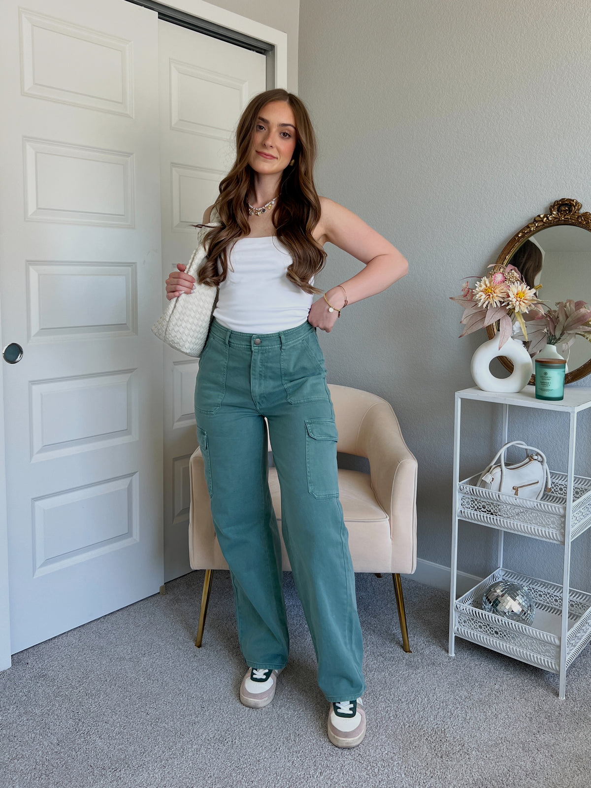 Luna High Waisted Wide Leg Cargo Pants (Gray Green)