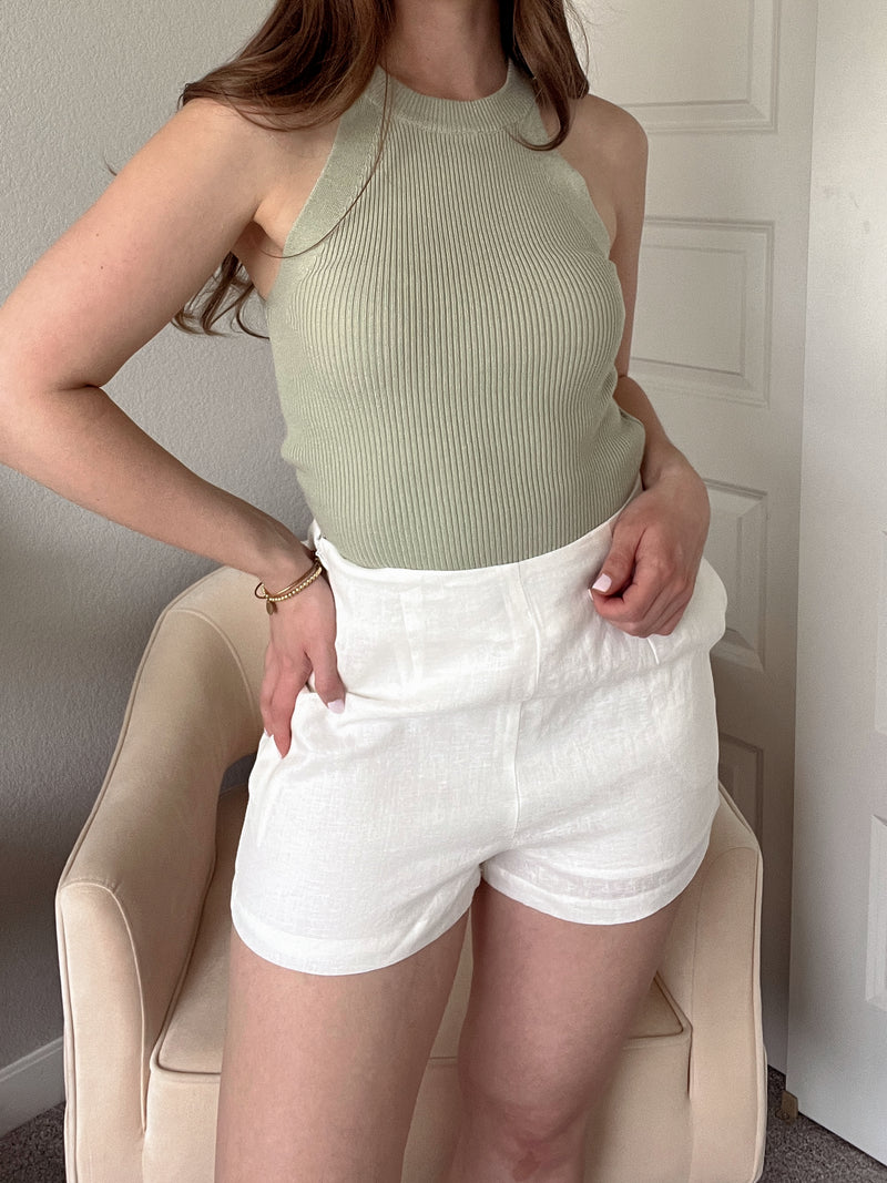 Mable Ribbed Knit High Neck Tank Top (Sage)