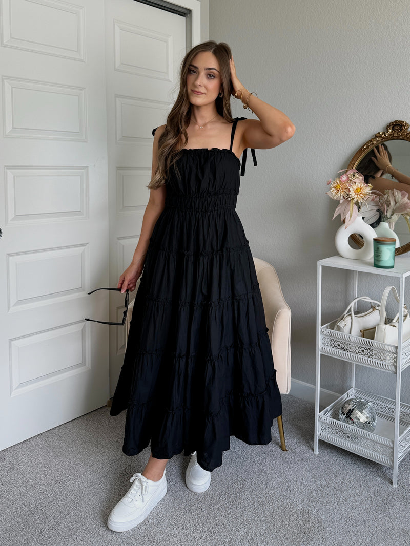 Mckenna Shoulder Tie Tiered Ruffle Cotton Midi Dress (Black)