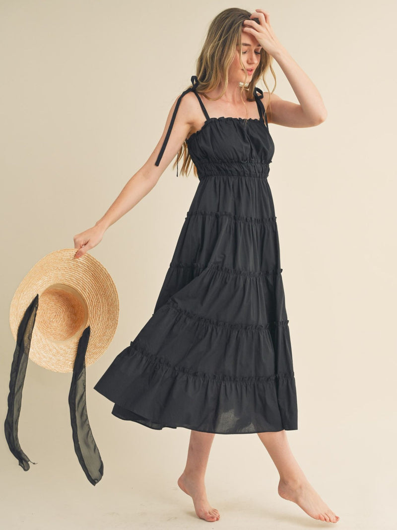 Mckenna Shoulder Tie Tiered Ruffle Cotton Midi Dress (Black)