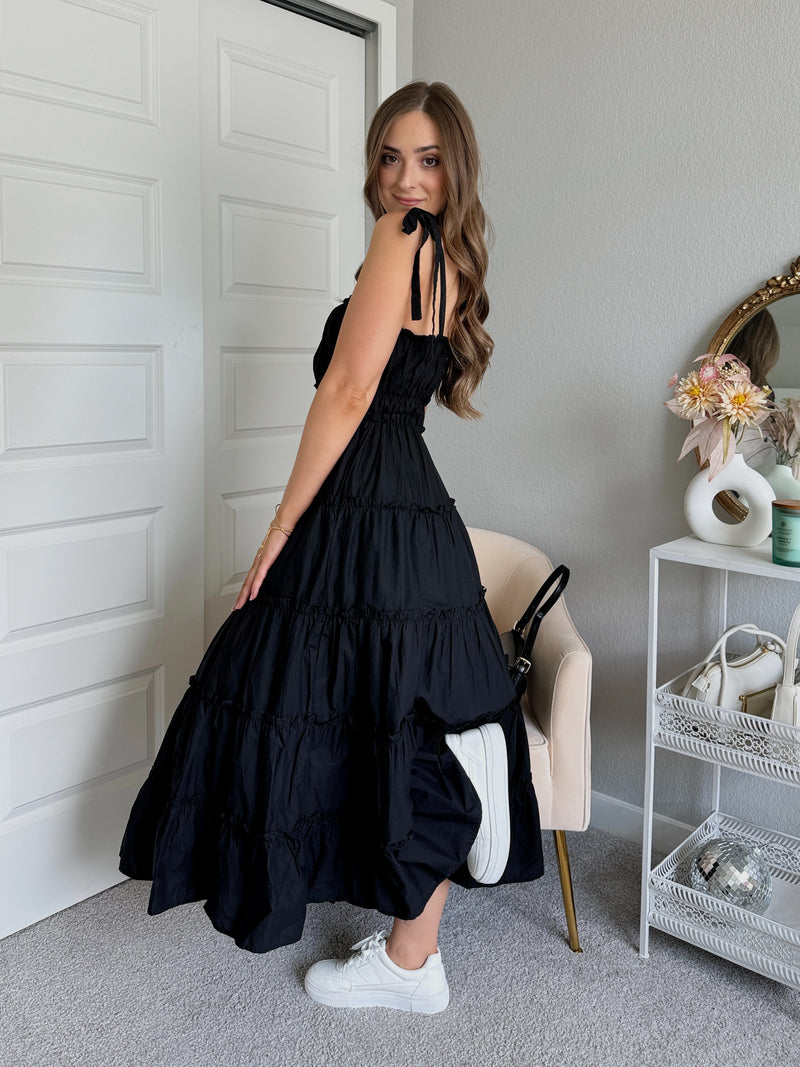 Mckenna Shoulder Tie Tiered Ruffle Cotton Midi Dress (Black)