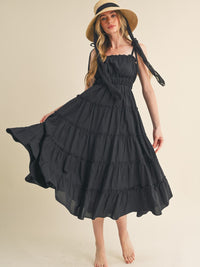 Mckenna Shoulder Tie Tiered Ruffle Cotton Midi Dress (Black)