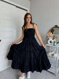 Mckenna Shoulder Tie Tiered Ruffle Cotton Midi Dress (Black)