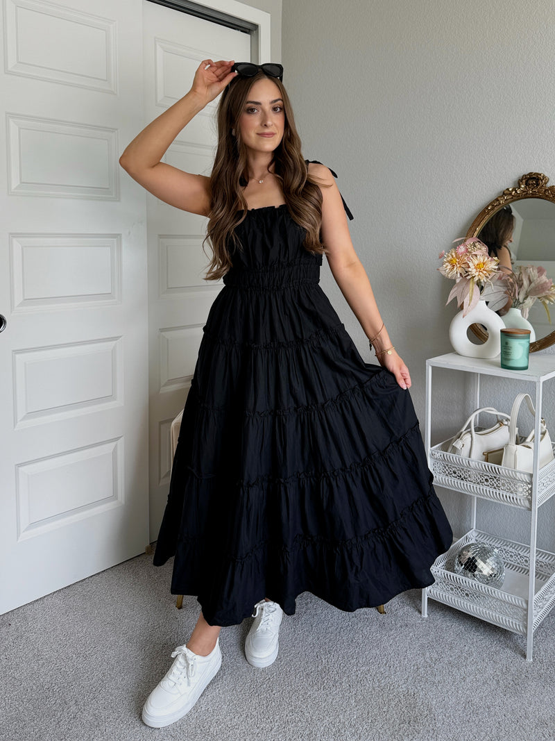 Mckenna Shoulder Tie Tiered Ruffle Cotton Midi Dress (Black)