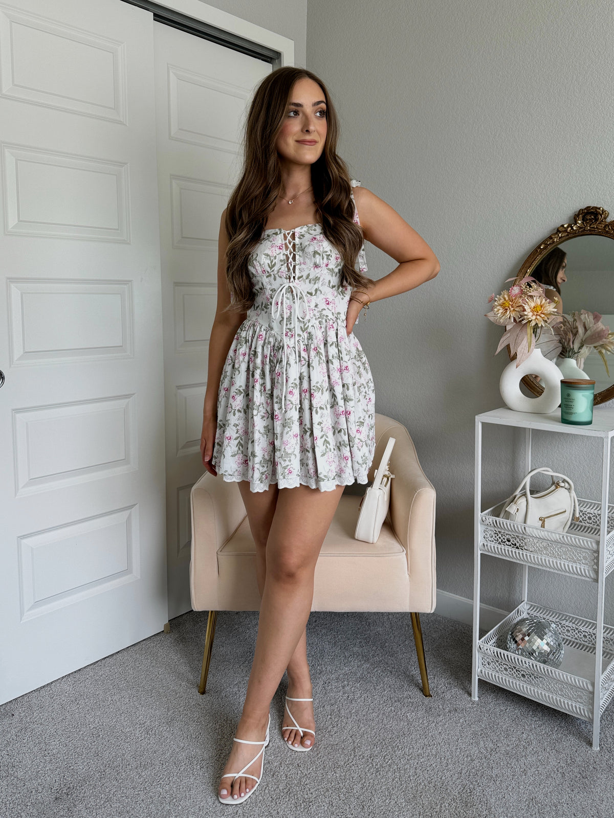 Melody Floral Tie-Strap Corset Mini Dress (Mint/Pink)