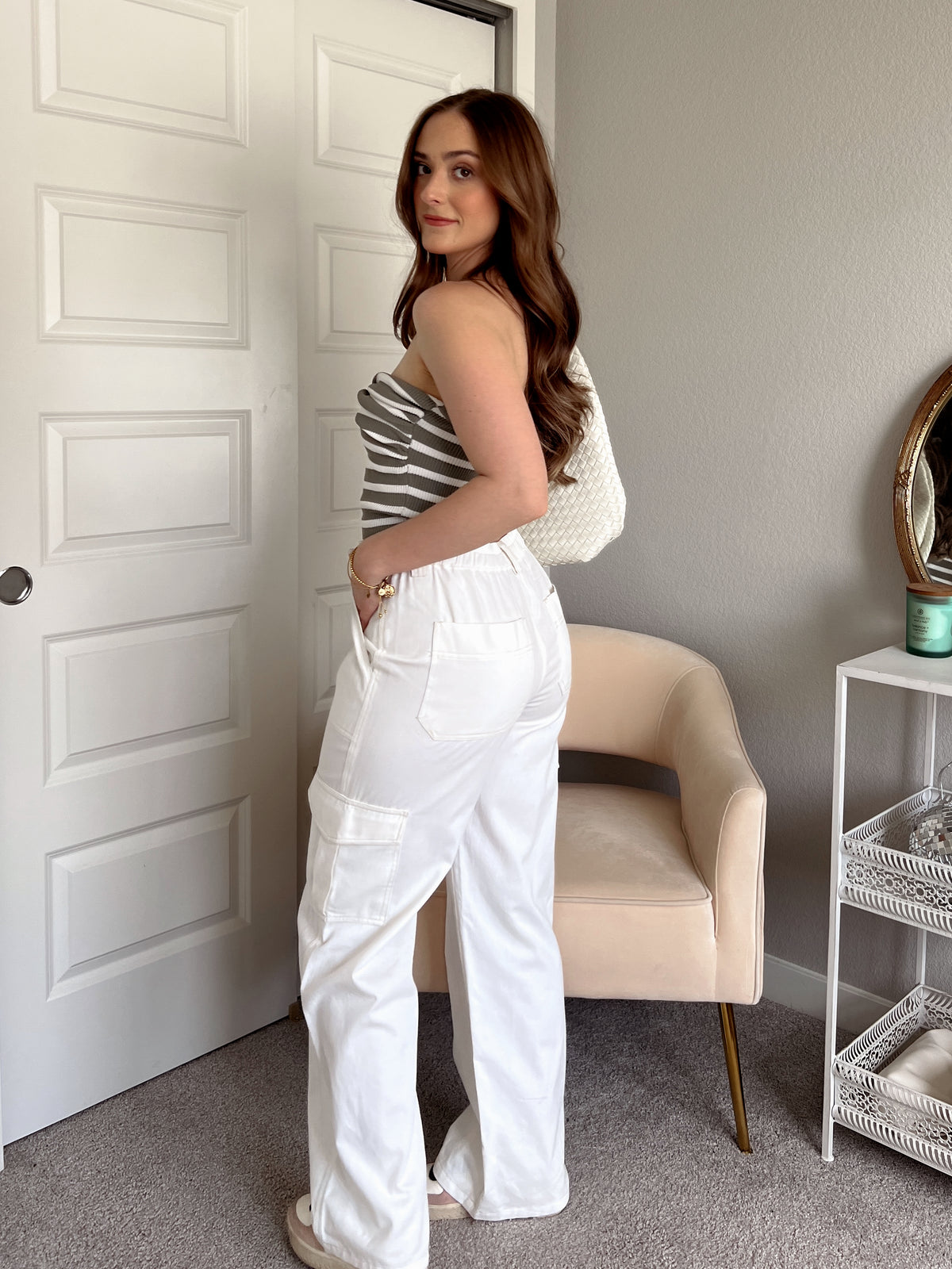 Remi Contrasting Stitch High Waisted Cargo Pants (Ivory)