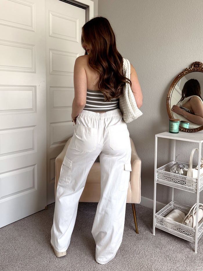 Remi Contrasting Stitch High Waisted Cargo Pants (Ivory)