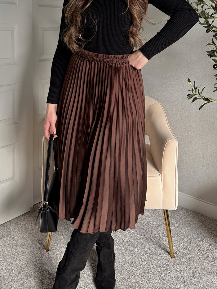 Siena Pleated Satin Midi Skirt (Brown)