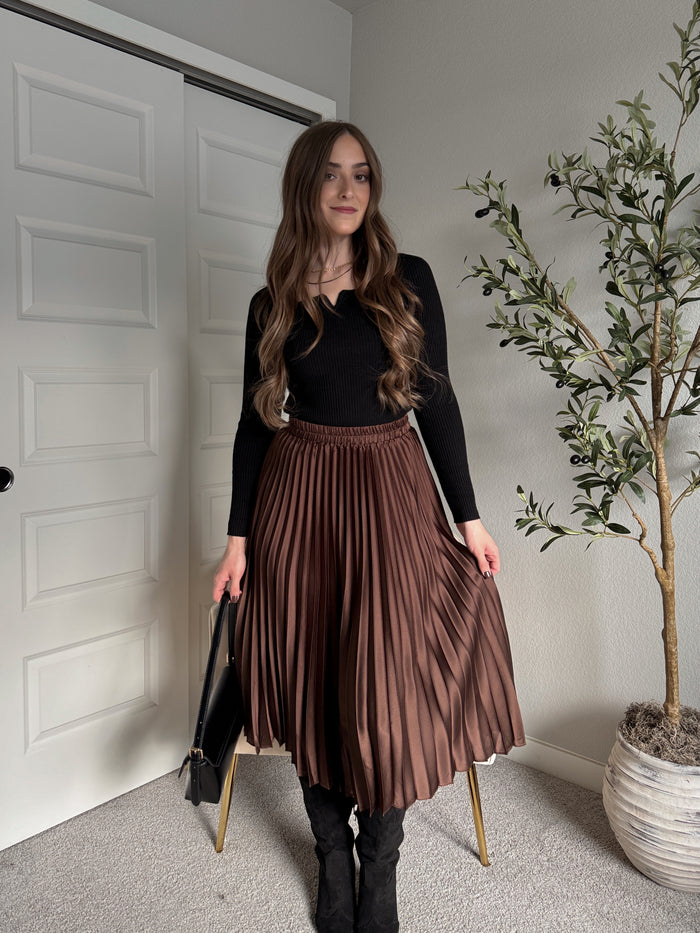 Siena Pleated Satin Midi Skirt (Brown)