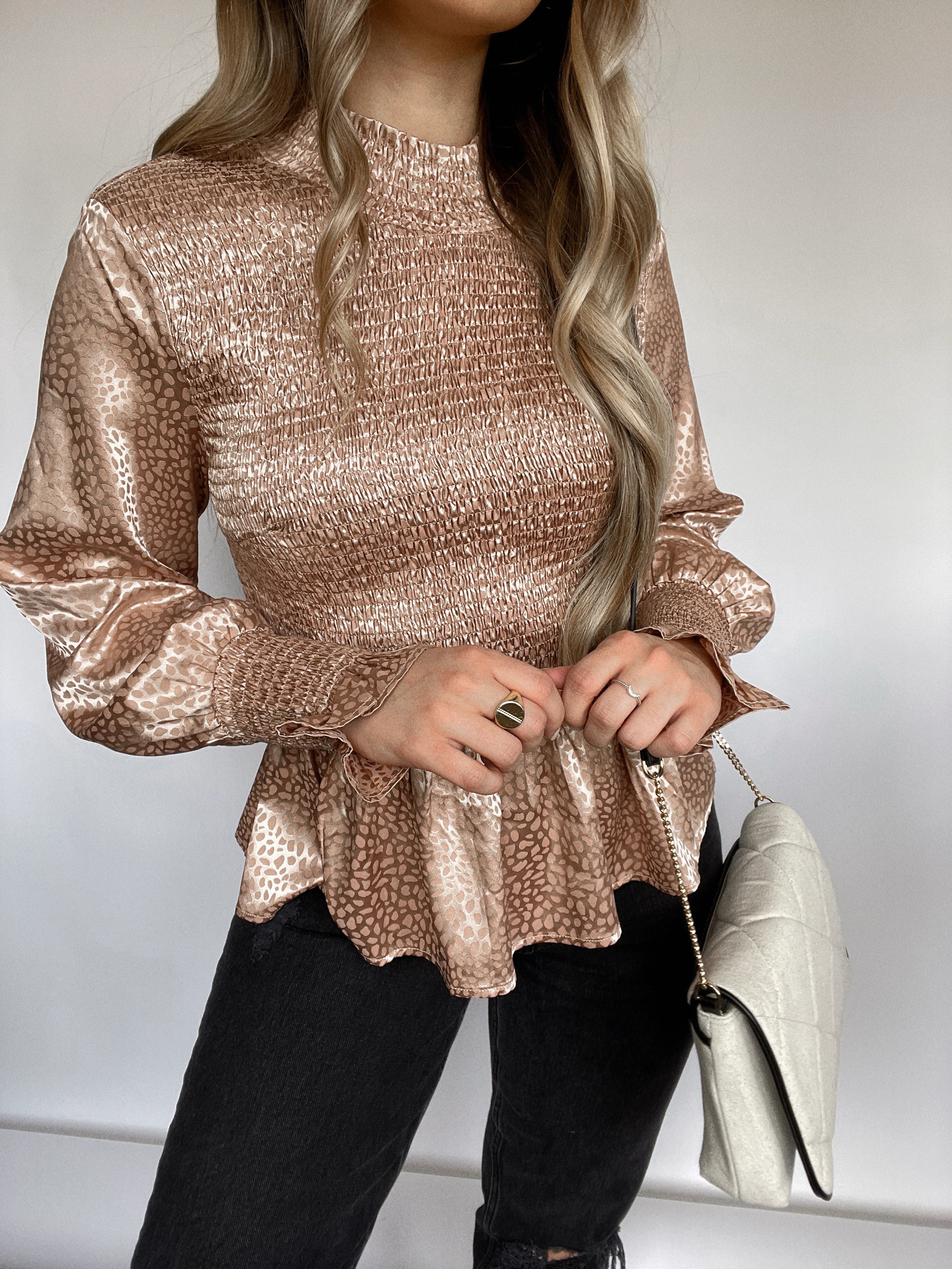 Going Places Peplum Satin Printed Blouse (Blush) – La Belle Boutique