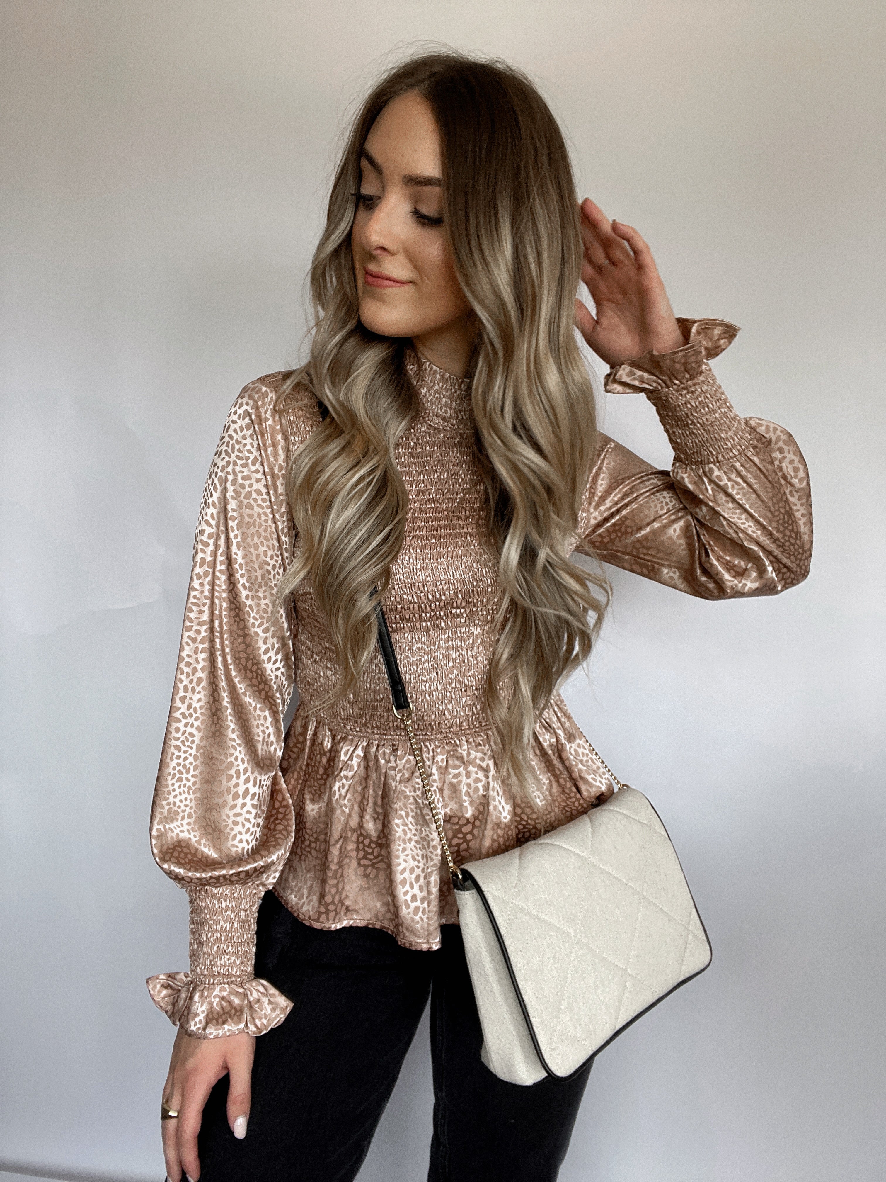 Going Places Peplum Satin Printed Blouse (Blush) – La Belle Boutique