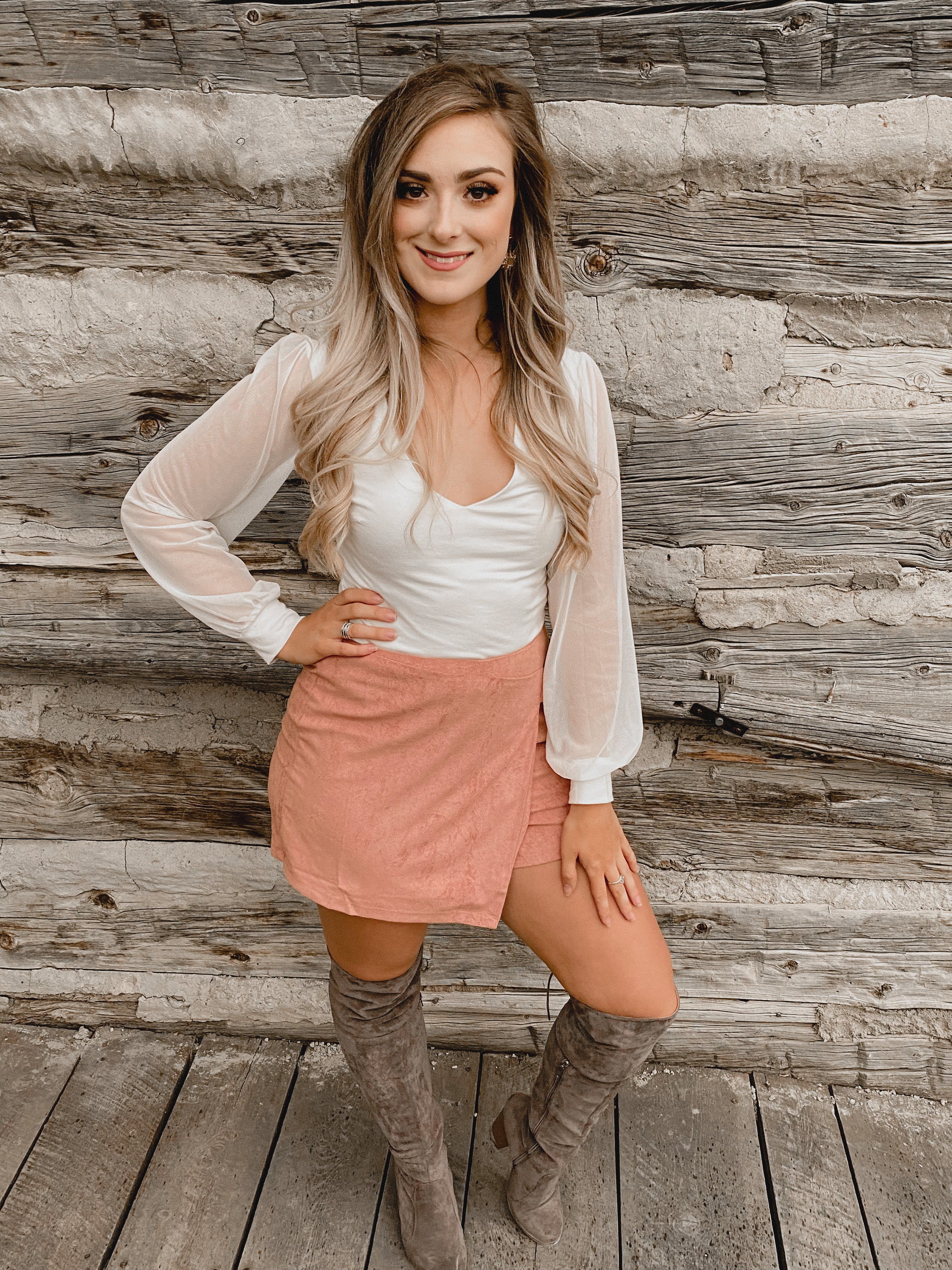 The XOXO Faux Suede Wrap Mini Skort Mauve