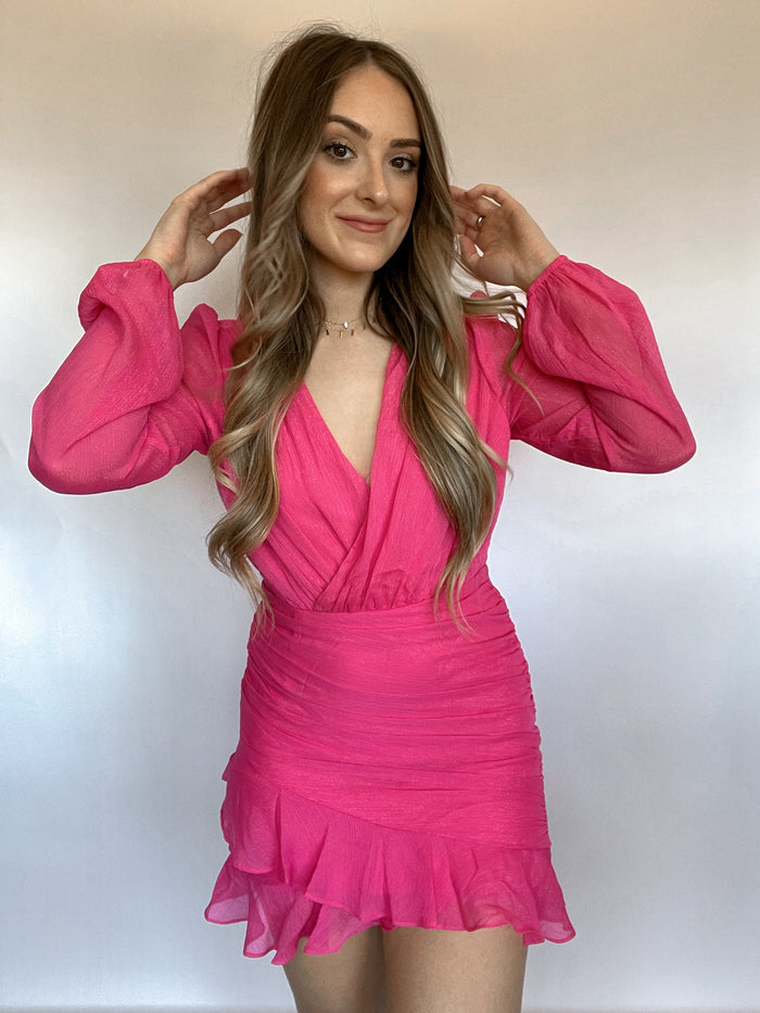 Lovestruck Long Sleeve Ruched Mini Dress (Pink) – La Belle Boutique
